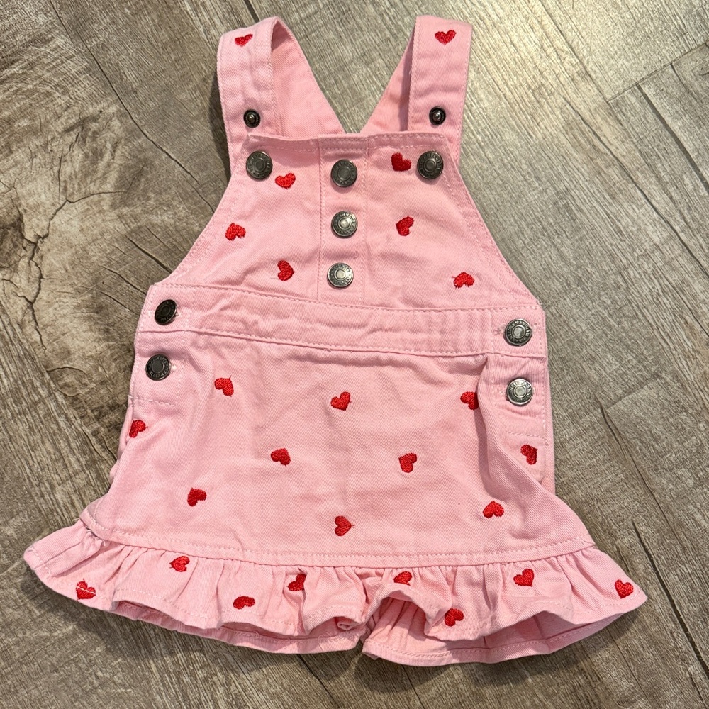 5/$15 Nannette Pink OverallsDress with Red Heart Accents 0-3 months